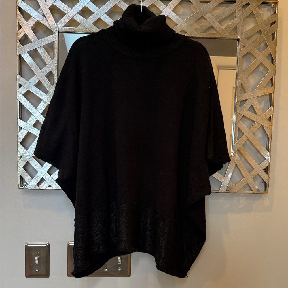 Nicole Richie Collection Black Cowl Neck Sweater Poncho Lace Trim